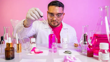 Empleado de Perysa con bata blanca y guantes de látex realizando experimentos en un laboratorio de fragancias. Usa una pipeta para verter líquido rosa en un frasco, rodeado de frascos, probetas y pétalos de rosa sobre una mesa, con un fondo rosado.